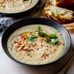 Roasted Cauliflower and Leek Soup with pine nuts