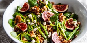 Leek 'heart' and spelt grain salad, with figs, walnuts and watercress