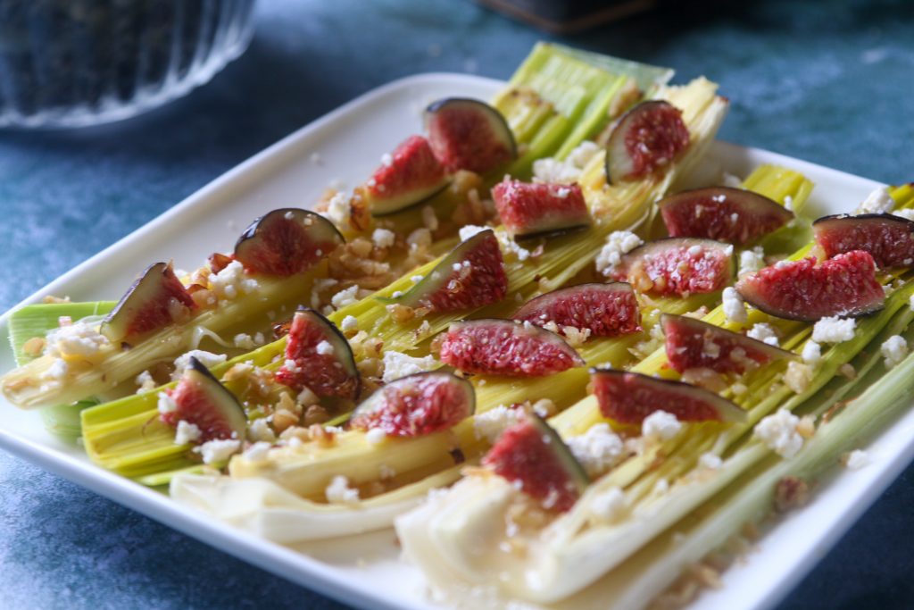 Baked Leeks with Fig, Walnut and Crumbly Cheese