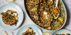 Leek and squash bake with parsley crumble