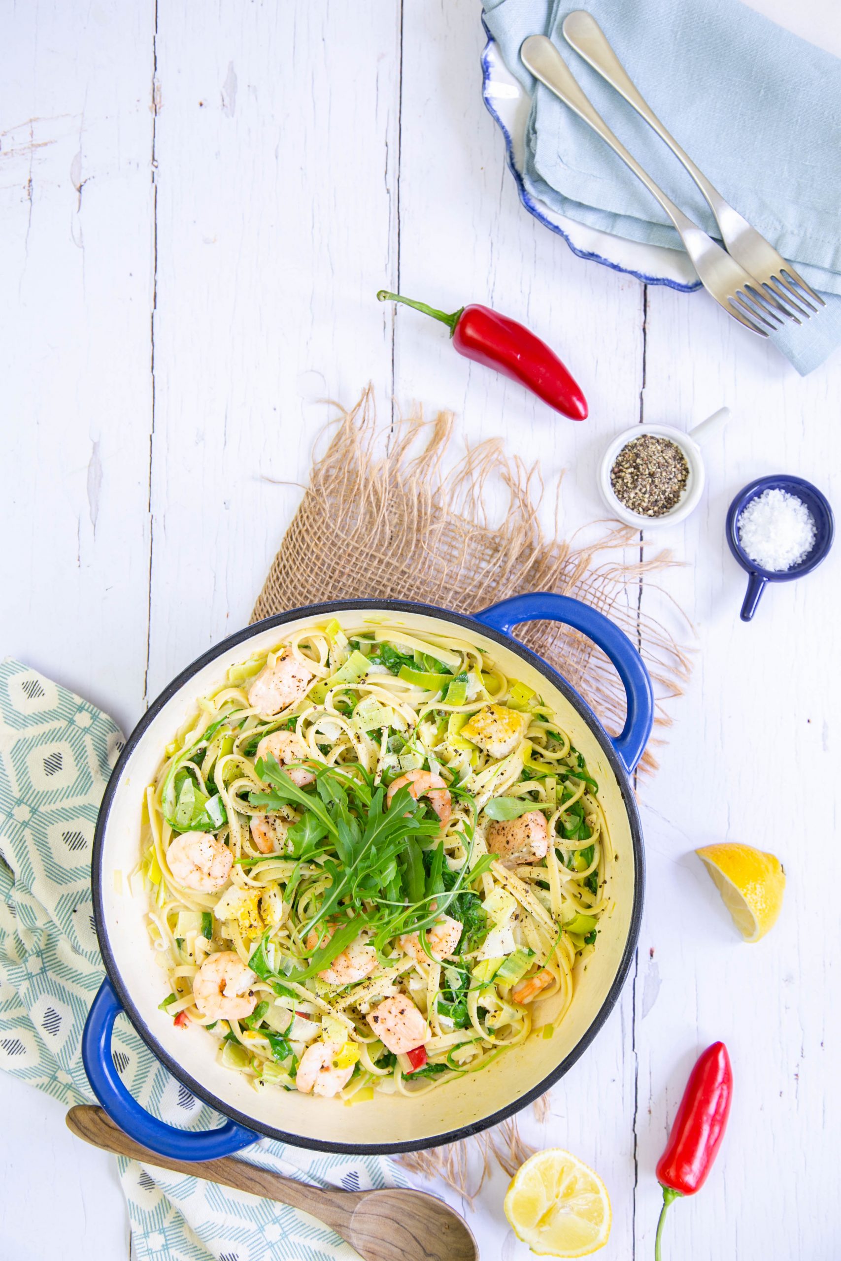 Creamy seafood pasta with leeks